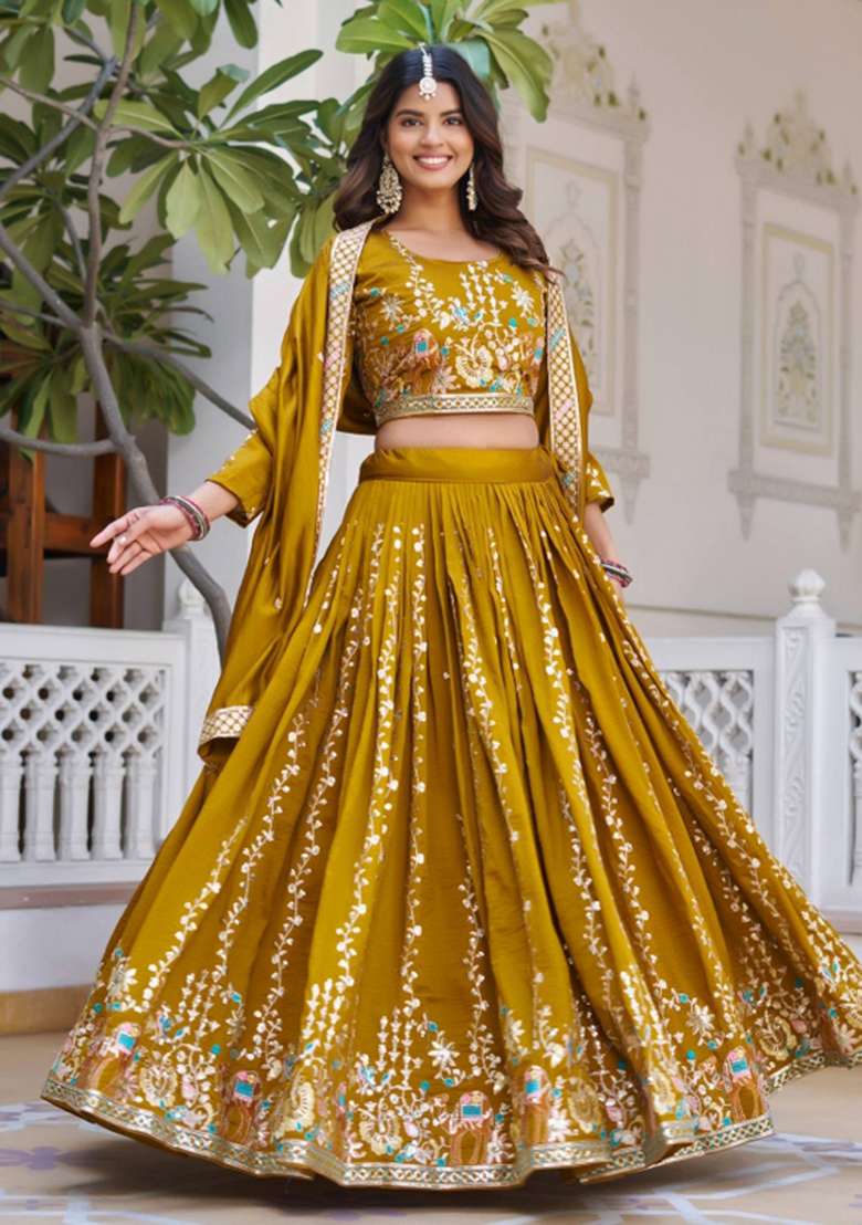 Yellow Embroidered Silk Blend Lehenga Set for Diwali and Festive Wear - Indya