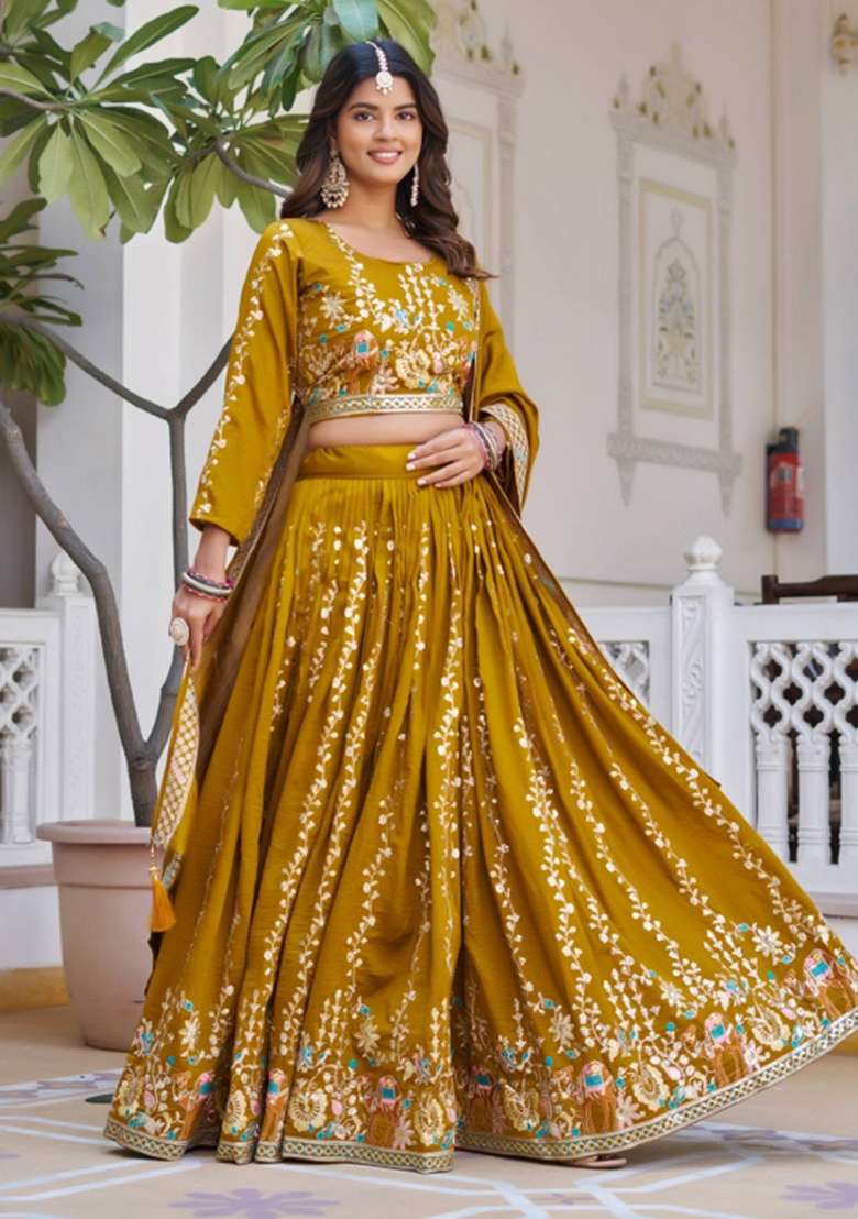 Yellow Embroidered Silk Blend Lehenga Set for Diwali and Festive Wear - Indya