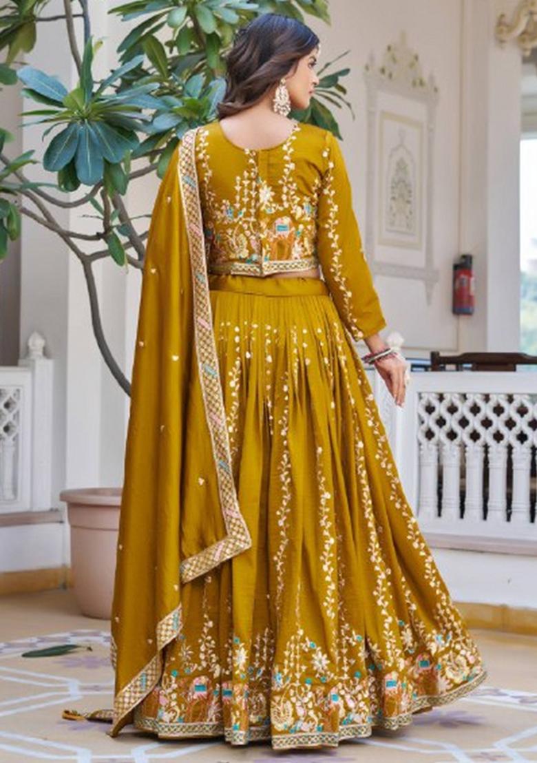 Yellow Embroidered Silk Lehenga Set - Indya