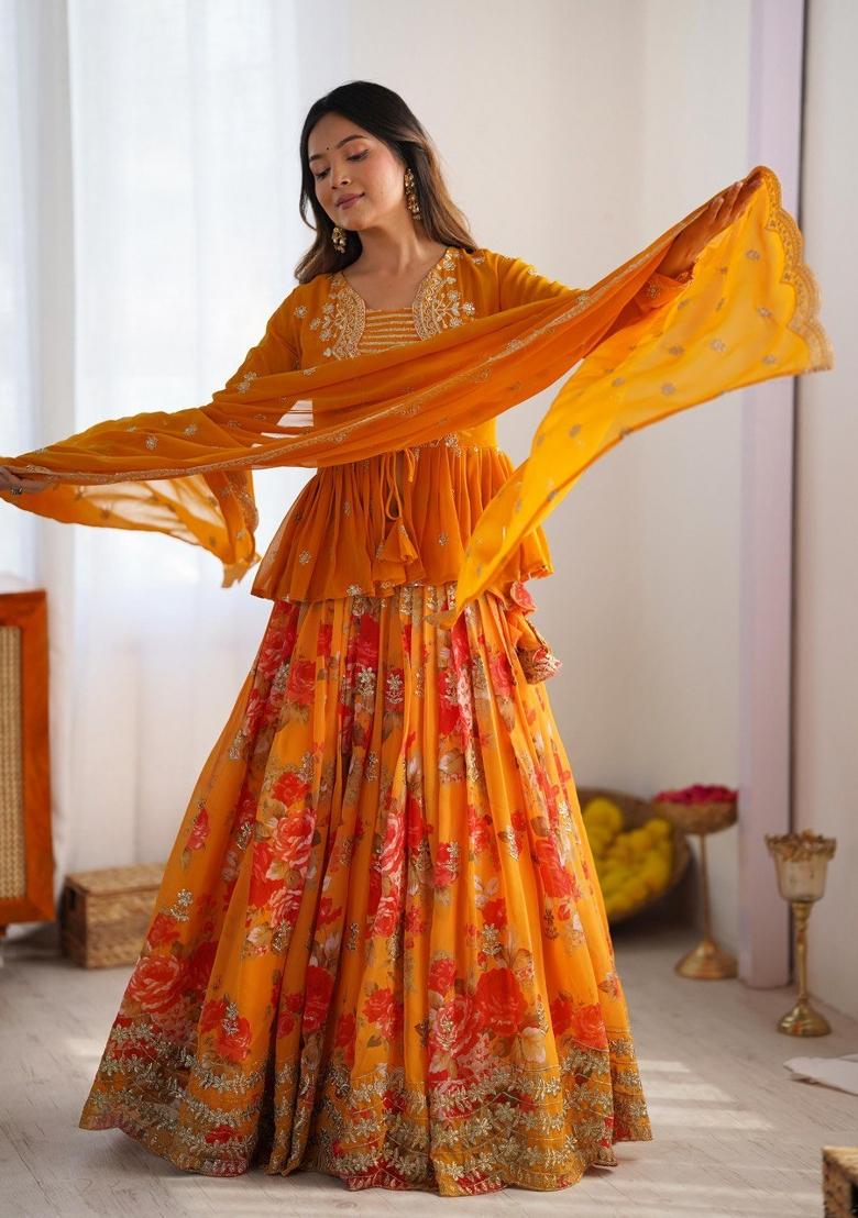 Mustard Sequins Georgette Lehenga Set - Indya