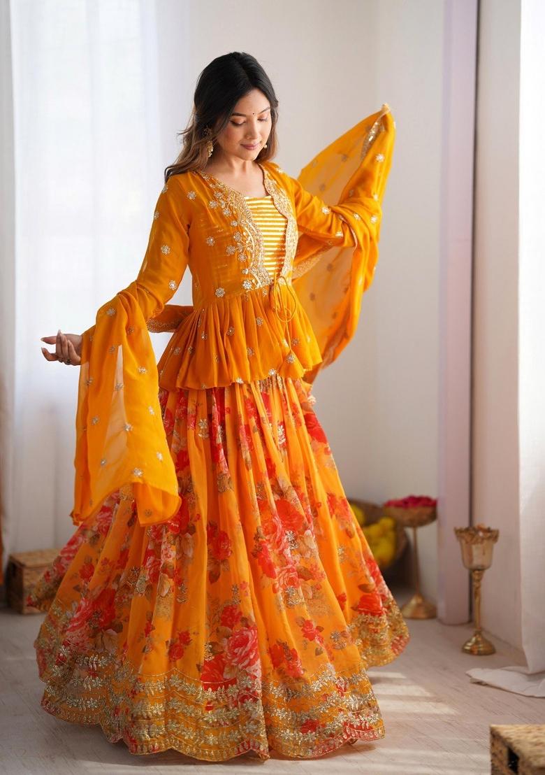 Mustard Sequins Georgette Lehenga Set - Indya