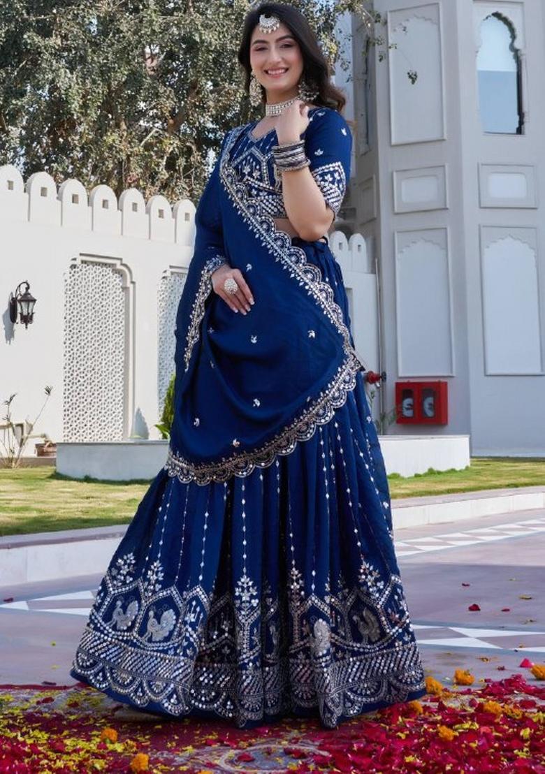 Blue Embroidered Silk Lehenga Set - Indya