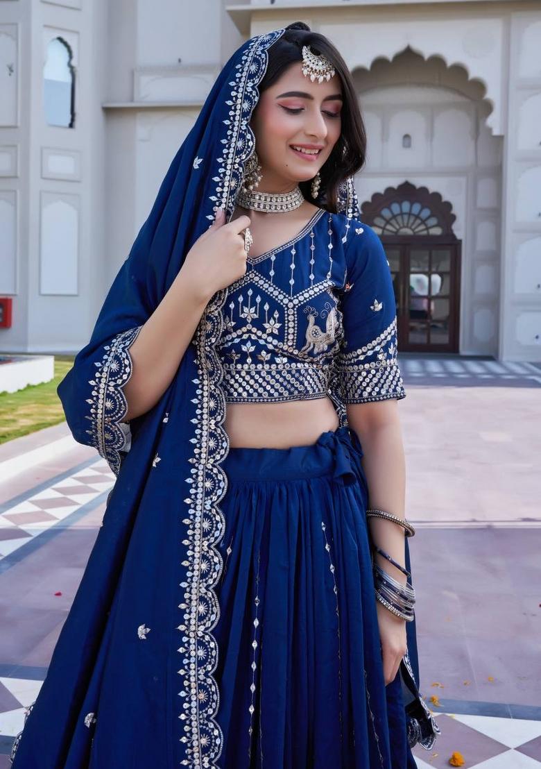 Blue Embroidered Silk Lehenga Set - Indya