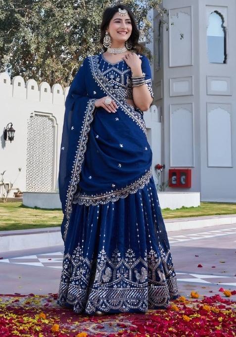 Blue Embroidered Silk Lehenga Set