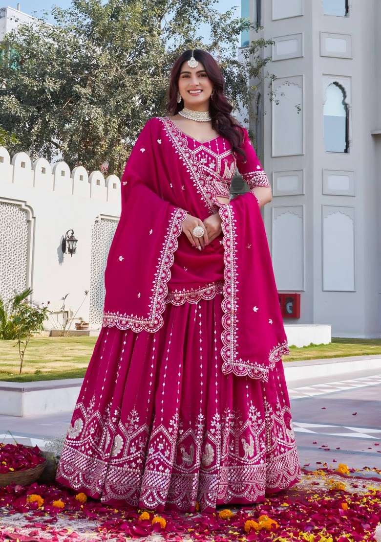 Rani Pink Embroidered Silk Blend Lehenga Set for Diwali and Festive Wear - Indya