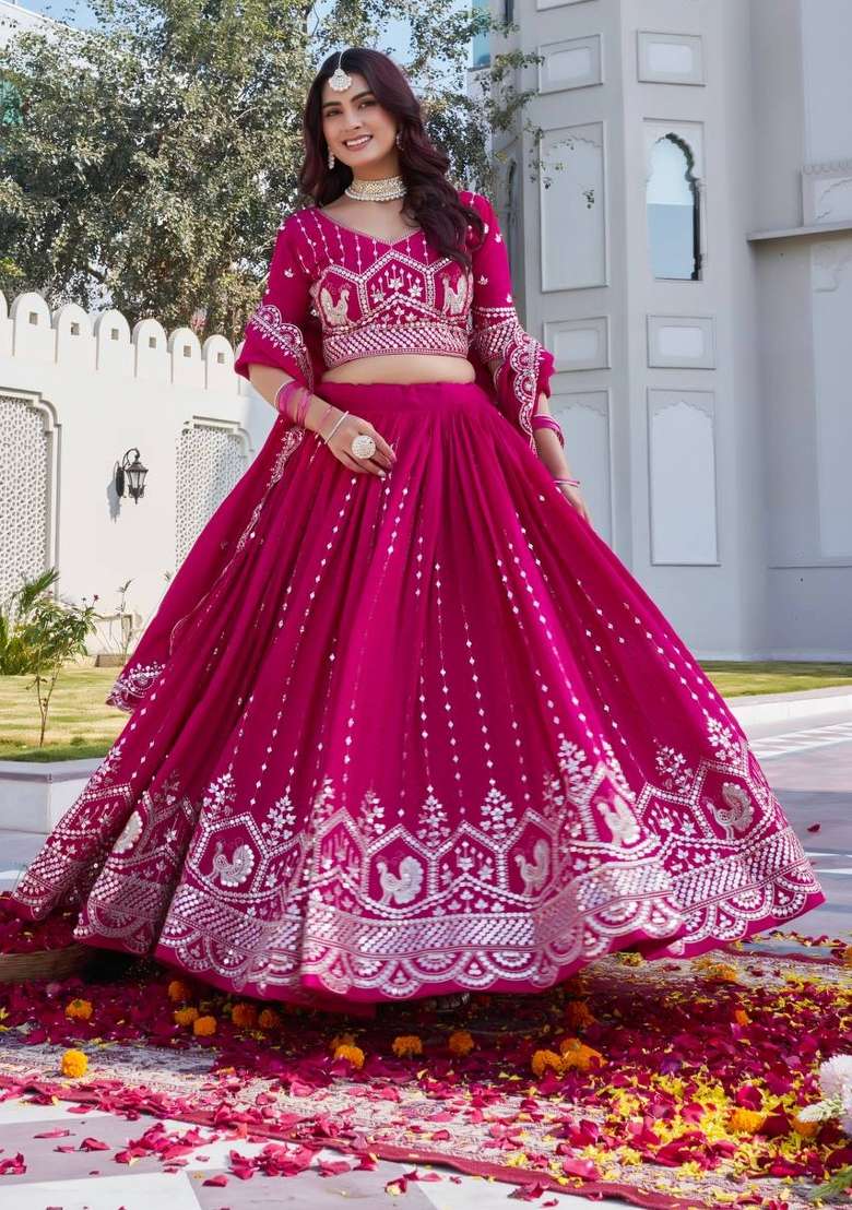 Rani Pink Embroidered Silk Blend Lehenga Set for Diwali and Festive Wear - Indya