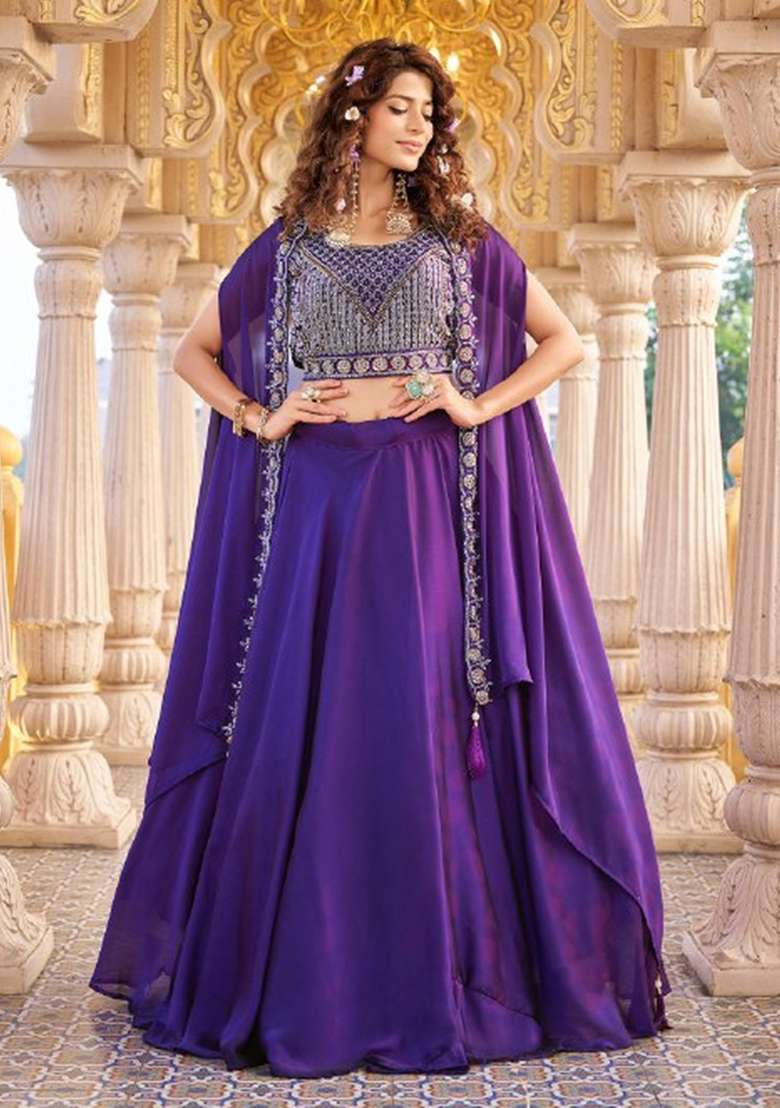Purple Embroidered Silk Blend Lehenga Set for Diwali and Festive Wear - Indya