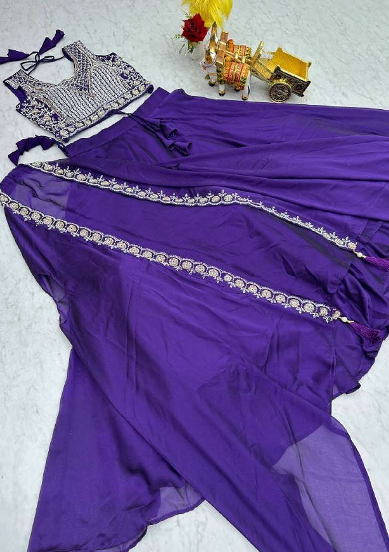 Purple Embroidered Silk Blend Lehenga Set for Diwali and Festive Wear - Indya