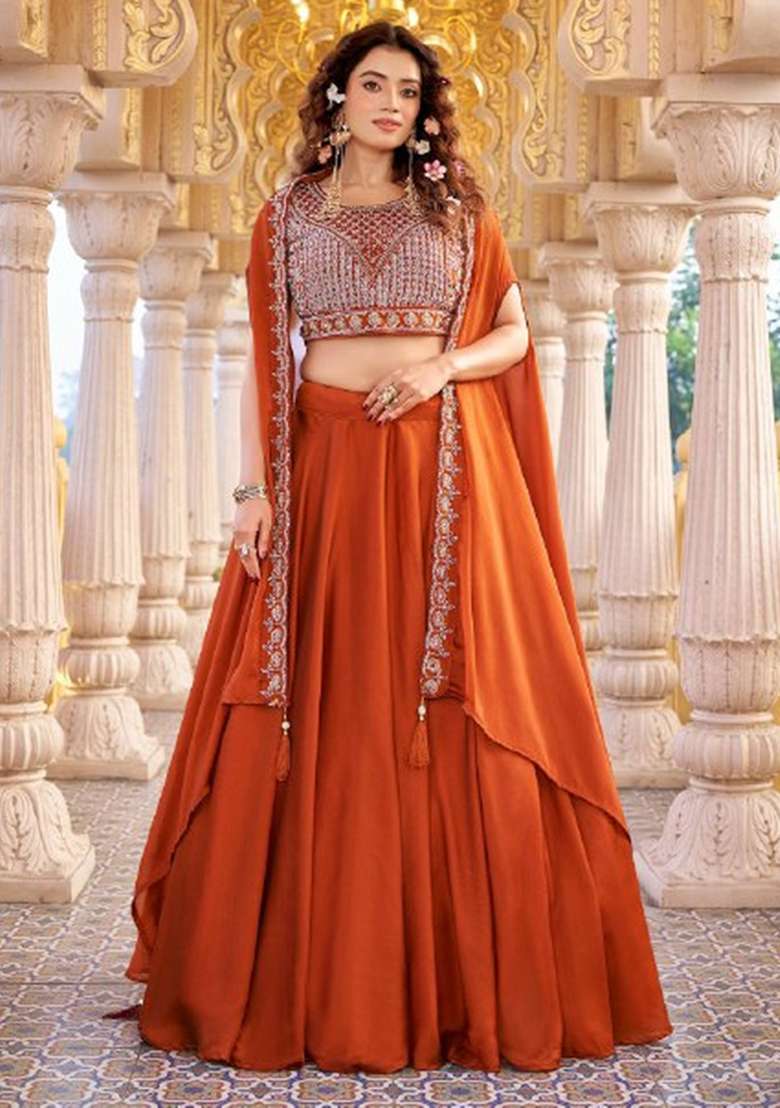 Rust Embroidered Silk Blend Lehenga Set for Diwali and Festive Wear - Indya