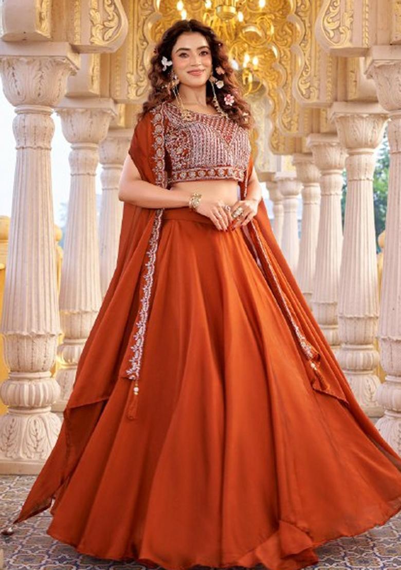 Rust Embroidered Silk Lehenga Set - Indya