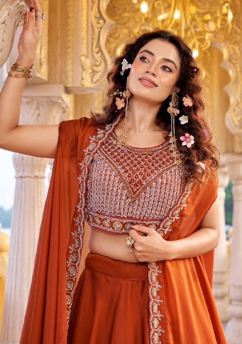 Rust Embroidered Silk Lehenga Set - Indya