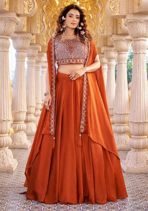 Rust Embroidered Silk Lehenga Set