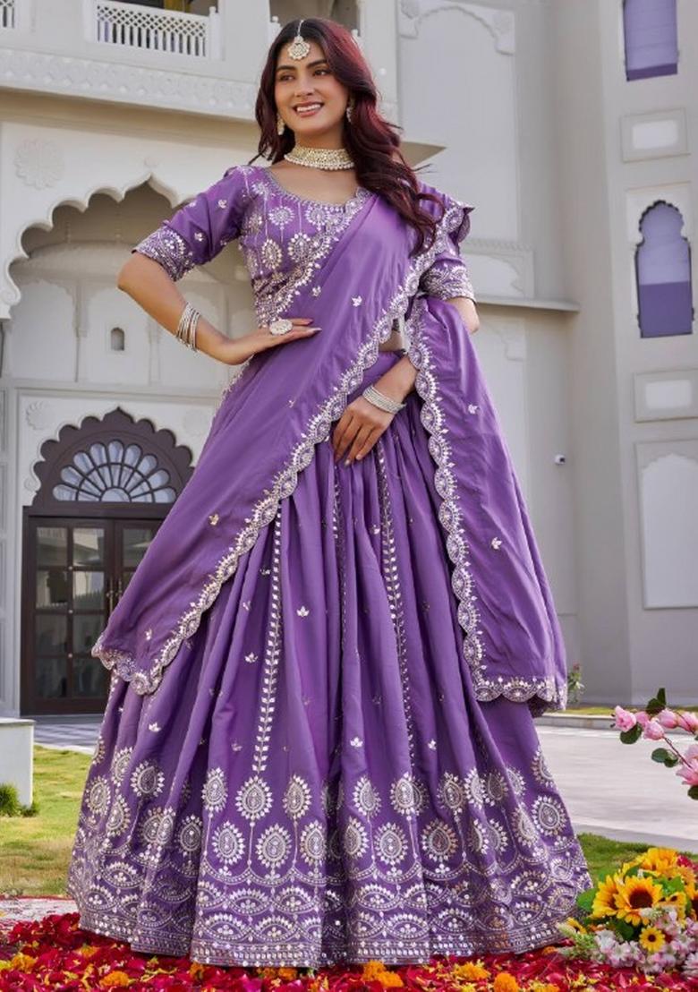Purple Embroidered Crepe Lehenga Set - Indya