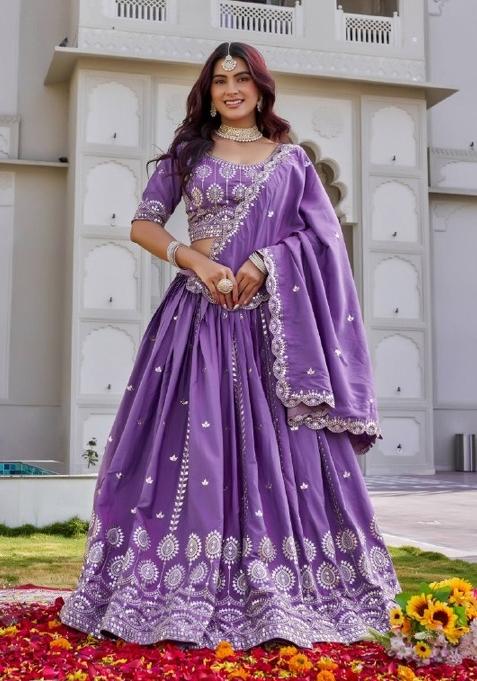Purple Embroidered Crepe Lehenga Set
