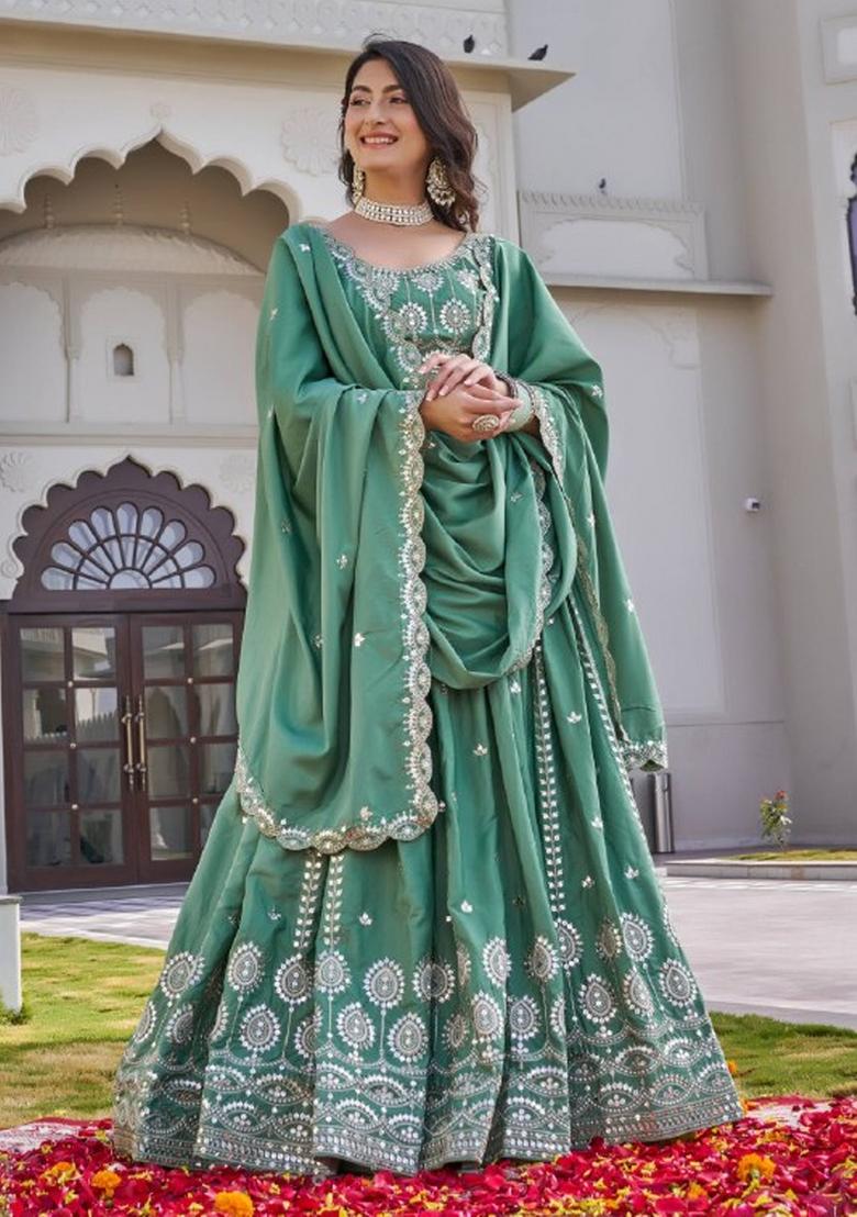 Sea Green Embroidered Crepe Lehenga Set - Indya