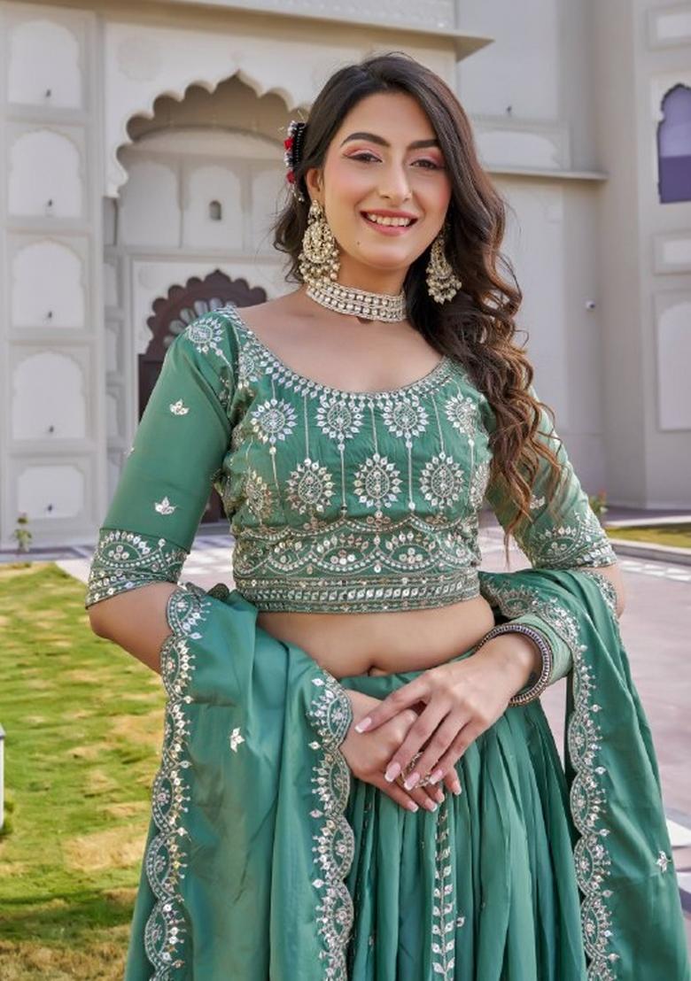 Sea Green Embroidered Crepe Lehenga Set - Indya