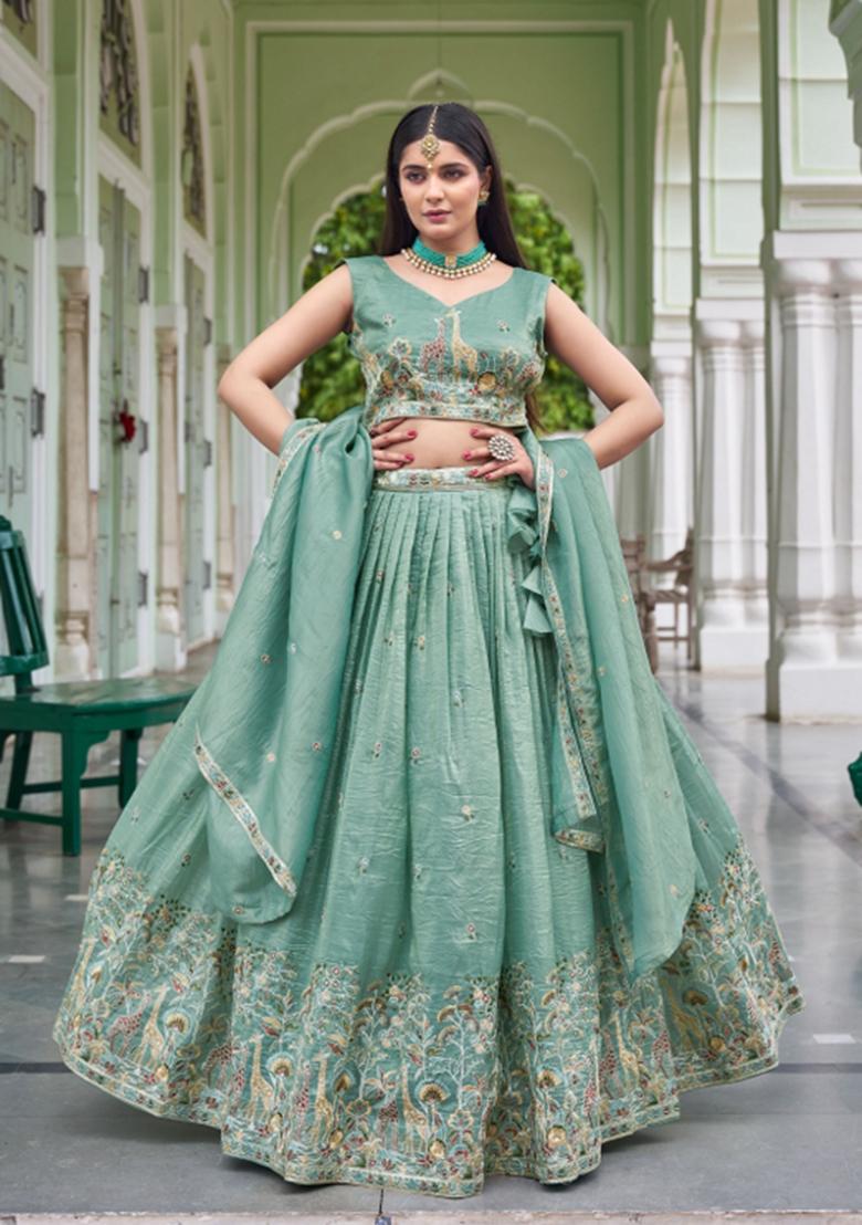 Sea Green Embroidered Silk Lehenga Set - Indya