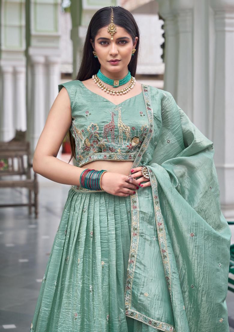 Sea Green Embroidered Silk Lehenga Set - Indya