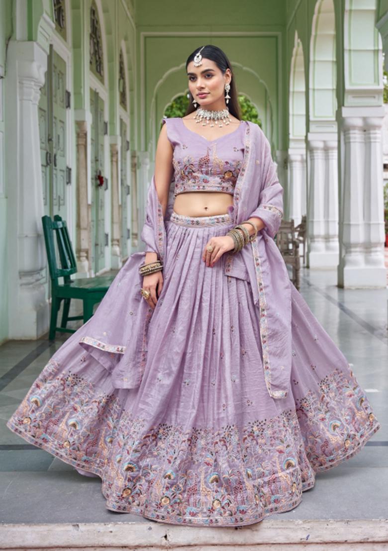 Lavender Embroidered Silk Lehenga Set - Indya