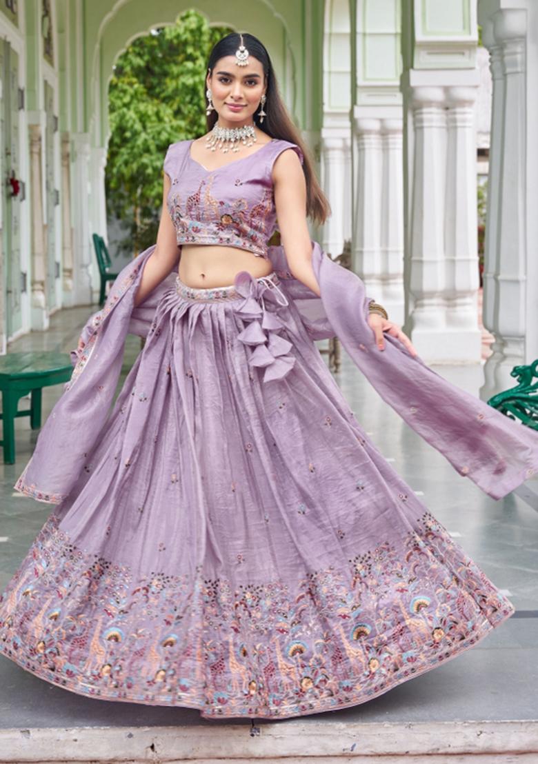 Lavender Embroidered Silk Lehenga Set - Indya