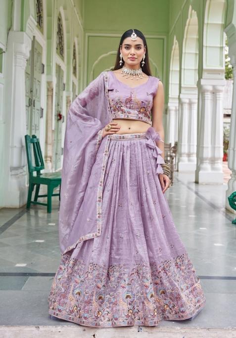 Lavender Embroidered Silk Lehenga Set