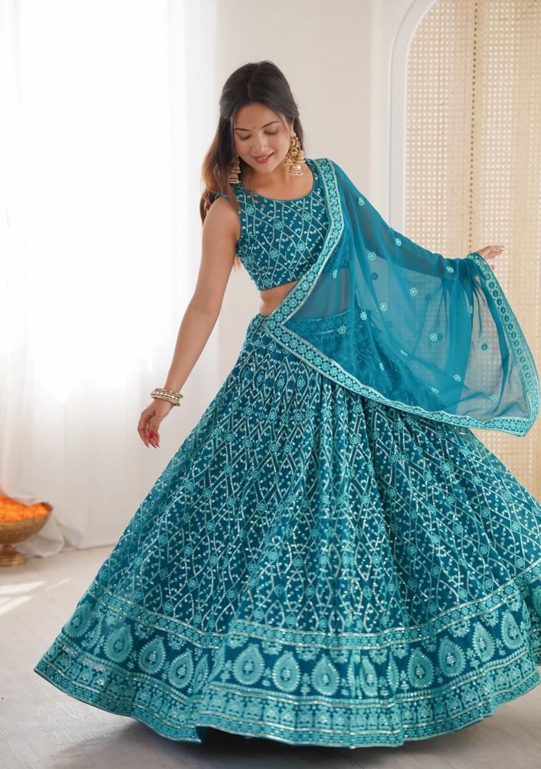 Blue Embroidered Georgette Lehenga Set - Indya