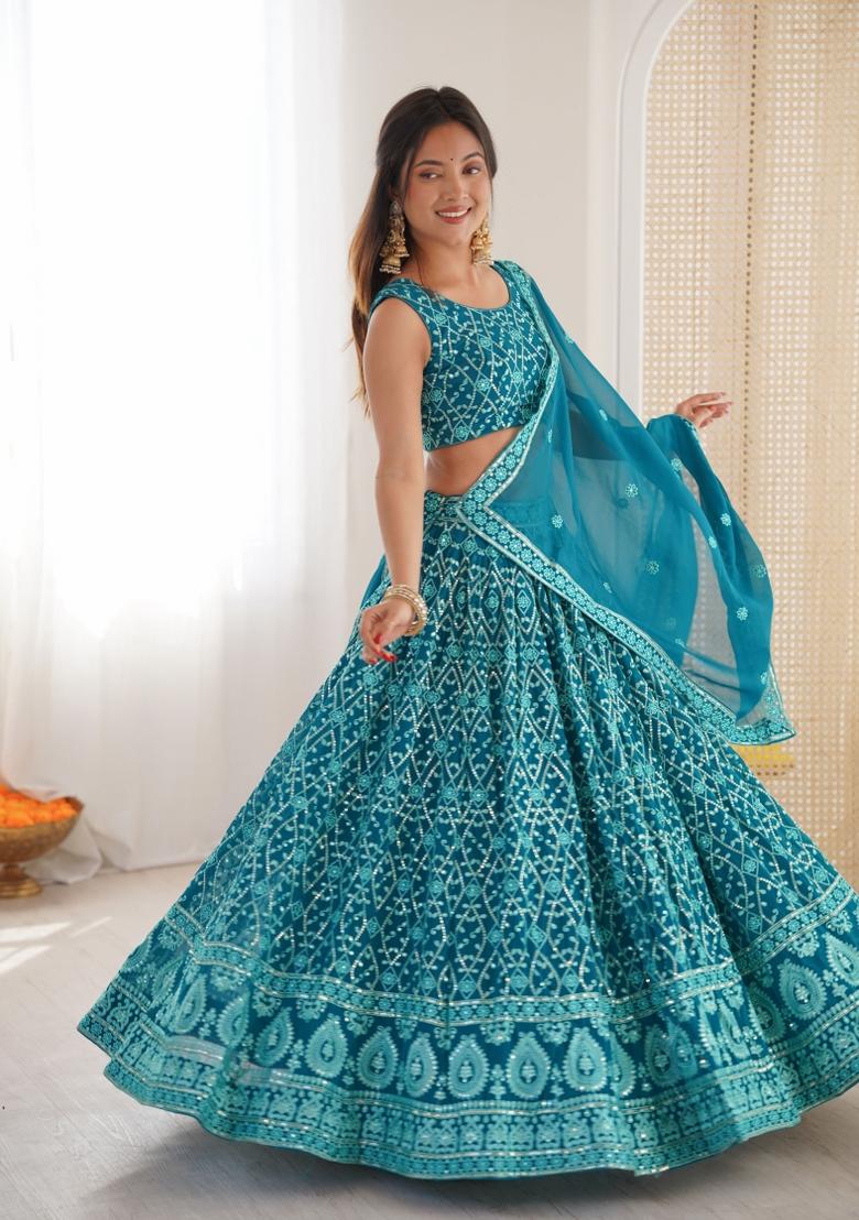 Blue Embroidered Georgette Lehenga Set - Indya
