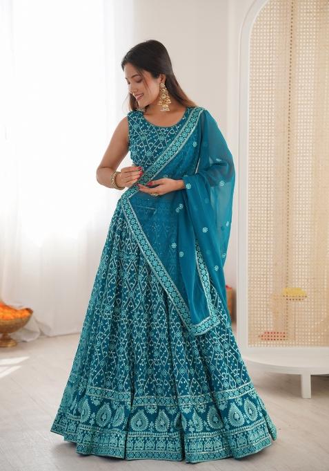 Blue Embroidered Georgette Lehenga Set