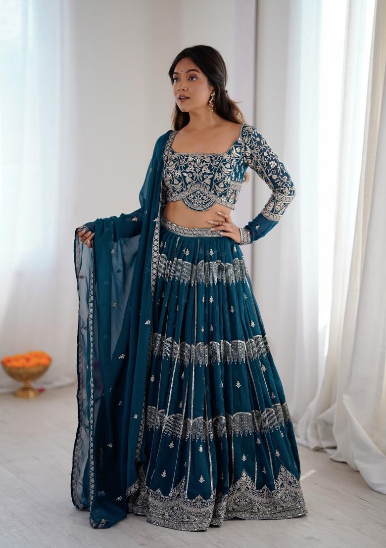 Teal Blue Embroidered Georgette Lehenga Set - Indya