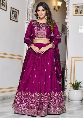 Burgundy Embroidered Silk Lehenga Set