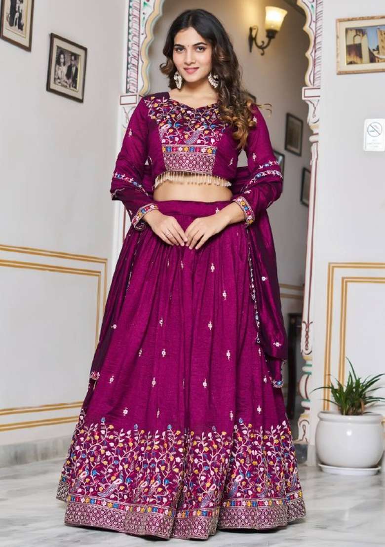 Burgundy Embroidered Silk Blend Lehenga Set for Diwali and Festive Wear - Indya