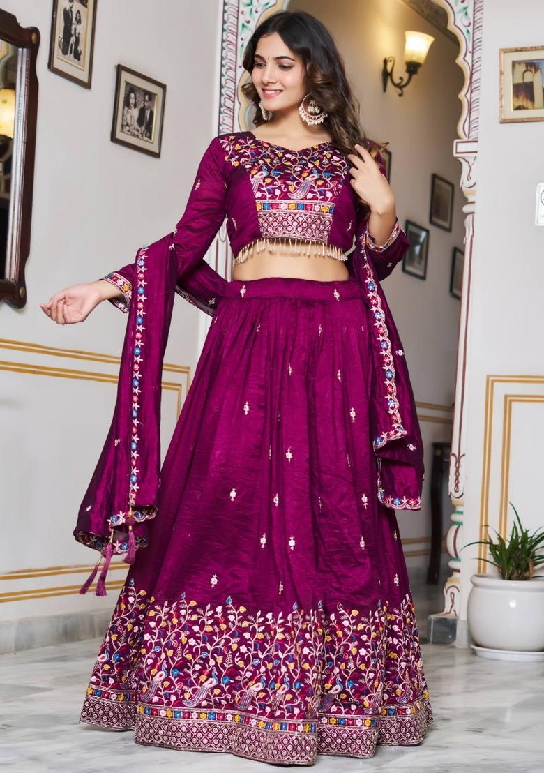 Burgundy Embroidered Silk Lehenga Set - Indya