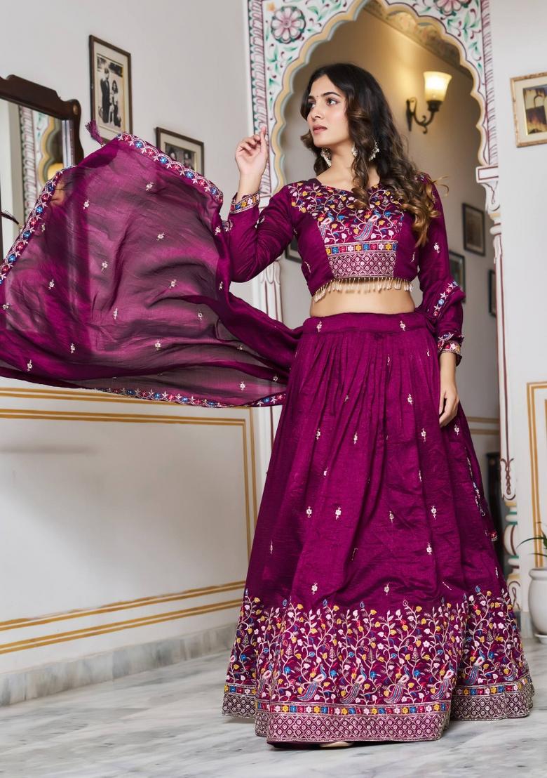 Burgundy Embroidered Silk Lehenga Set - Indya