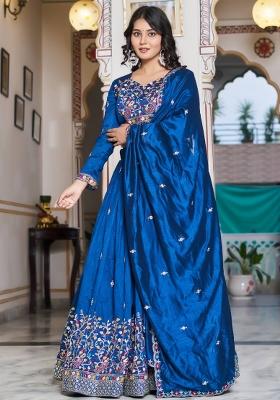 Teal Embroidered Silk Lehenga Set