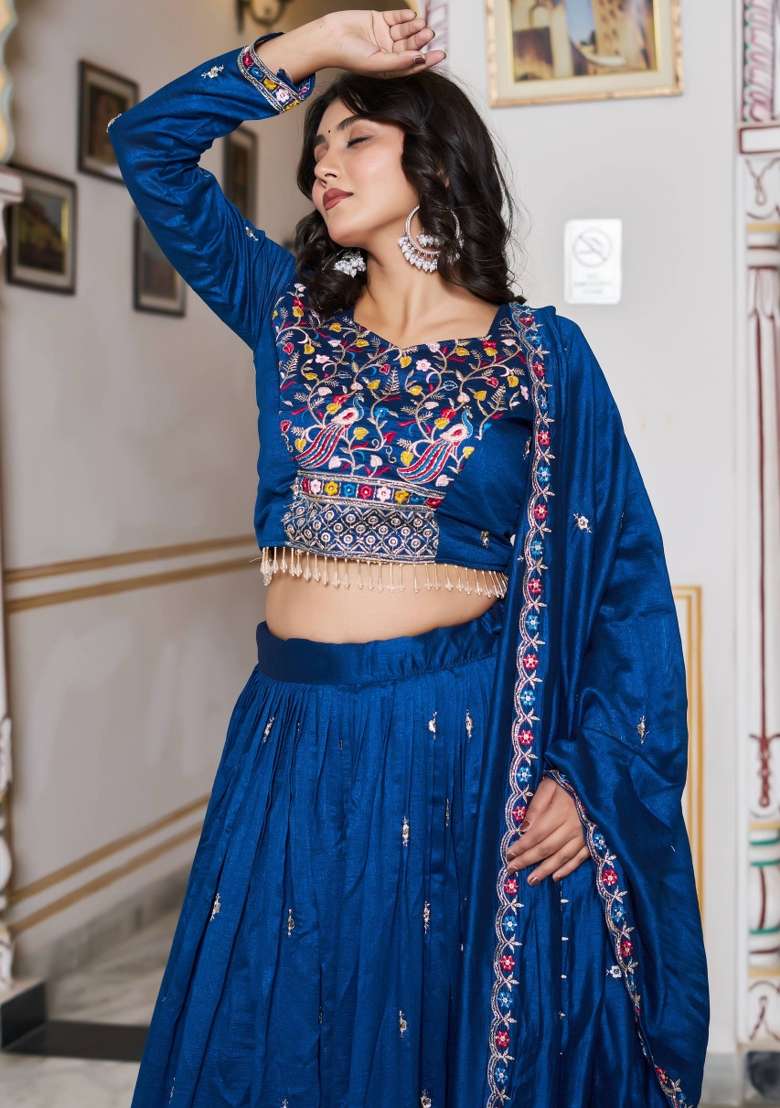 Teal Silk Blend Lehenga Set with Embroidered for Diwali | Wedding & Festive Wear - Indya