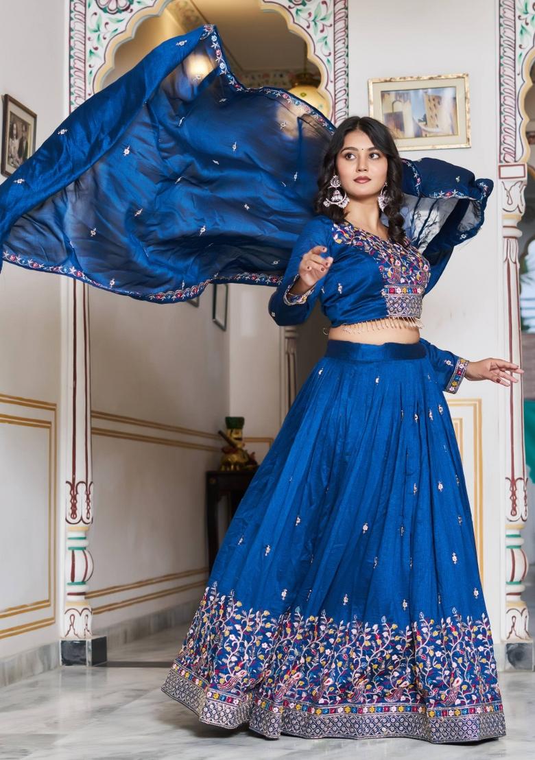Teal Embroidered Silk Lehenga Set - Indya