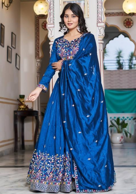 Teal Embroidered Silk Lehenga Set