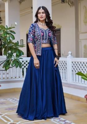 Blue Embroidered Vichitra Lehenga Set