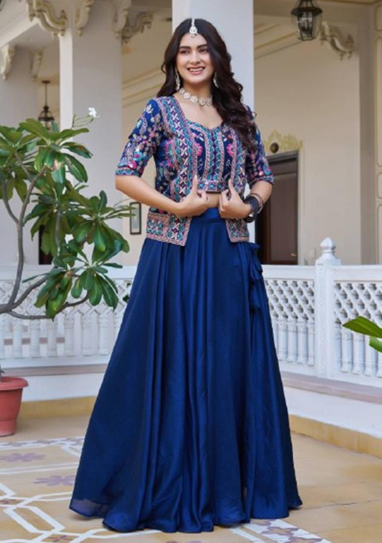Blue Embroidered Vichitra Lehenga Set - Indya