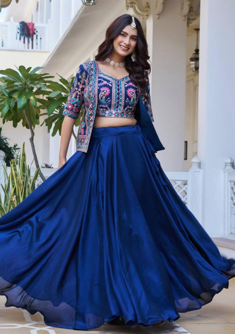 Blue Embroidered Vichitra Lehenga Set - Indya