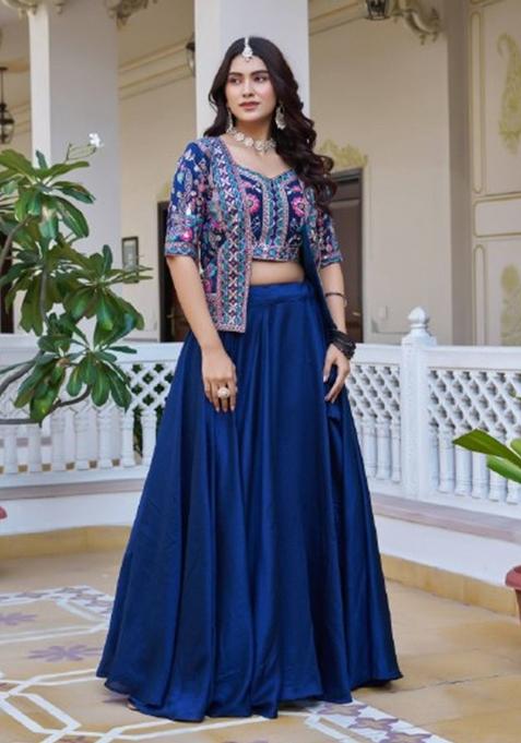 Blue Embroidered Vichitra Lehenga Set