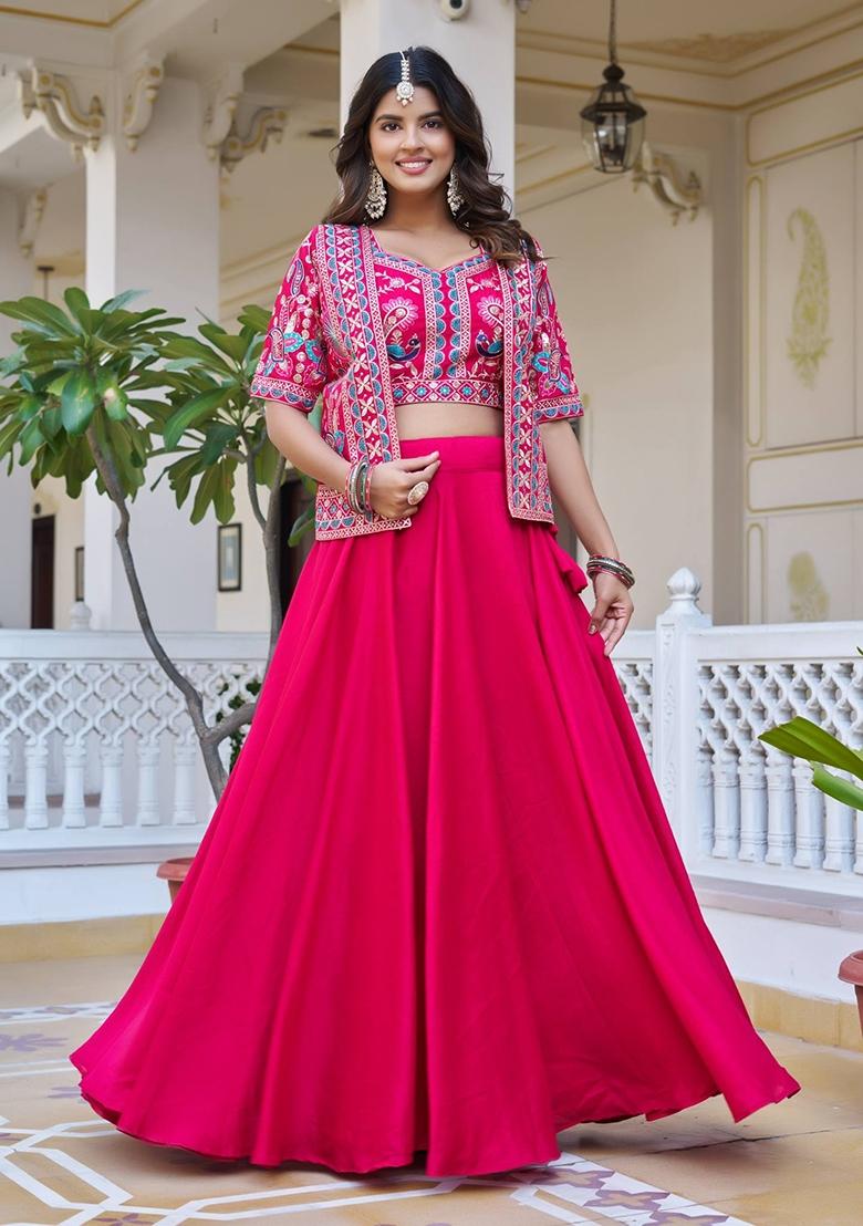 Pink Embroidered Vichitra Lehenga Set - Indya