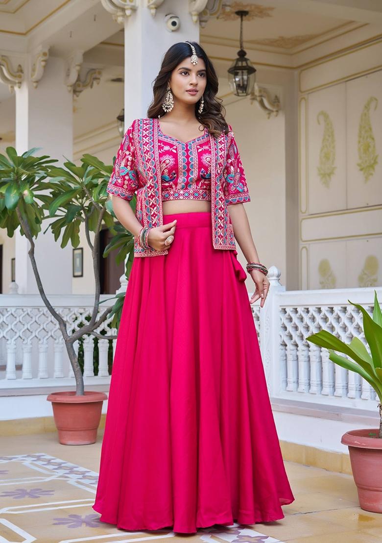 Pink Embroidered Vichitra Lehenga Set - Indya
