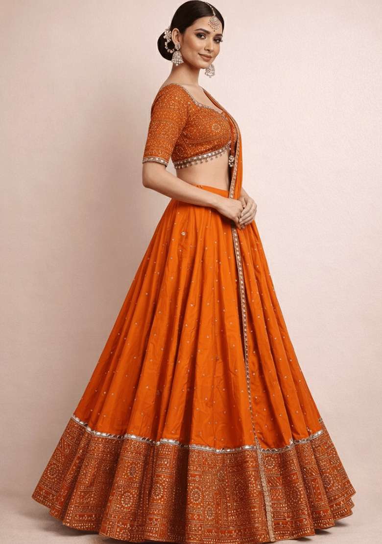 Orange Embroidered Satin Lehenga Set - Indya