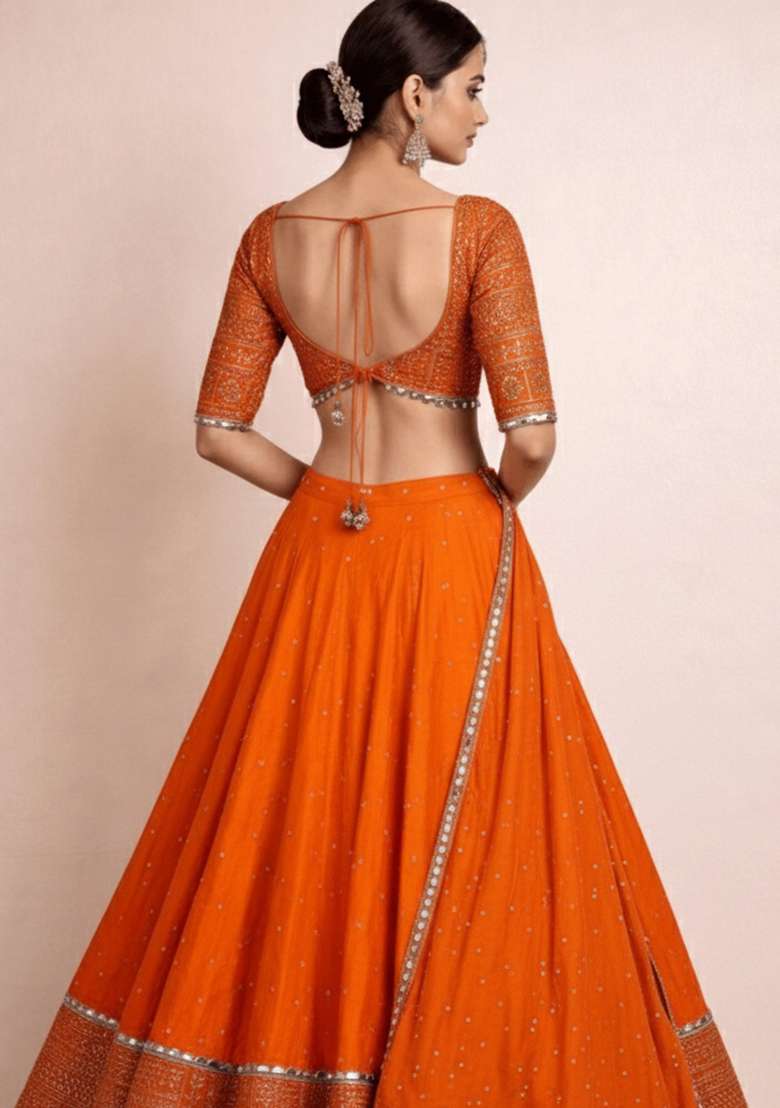 Orange Embroidered Satin Lehenga Set - Indya