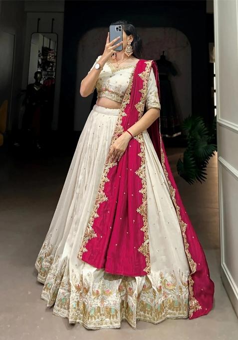 White Embroidered Silk Lehenga Set