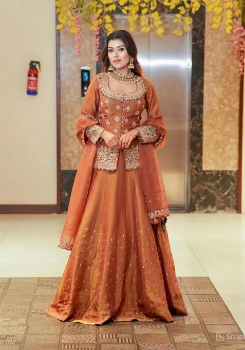 Orange Embroidered Chanderi Lehenga Set