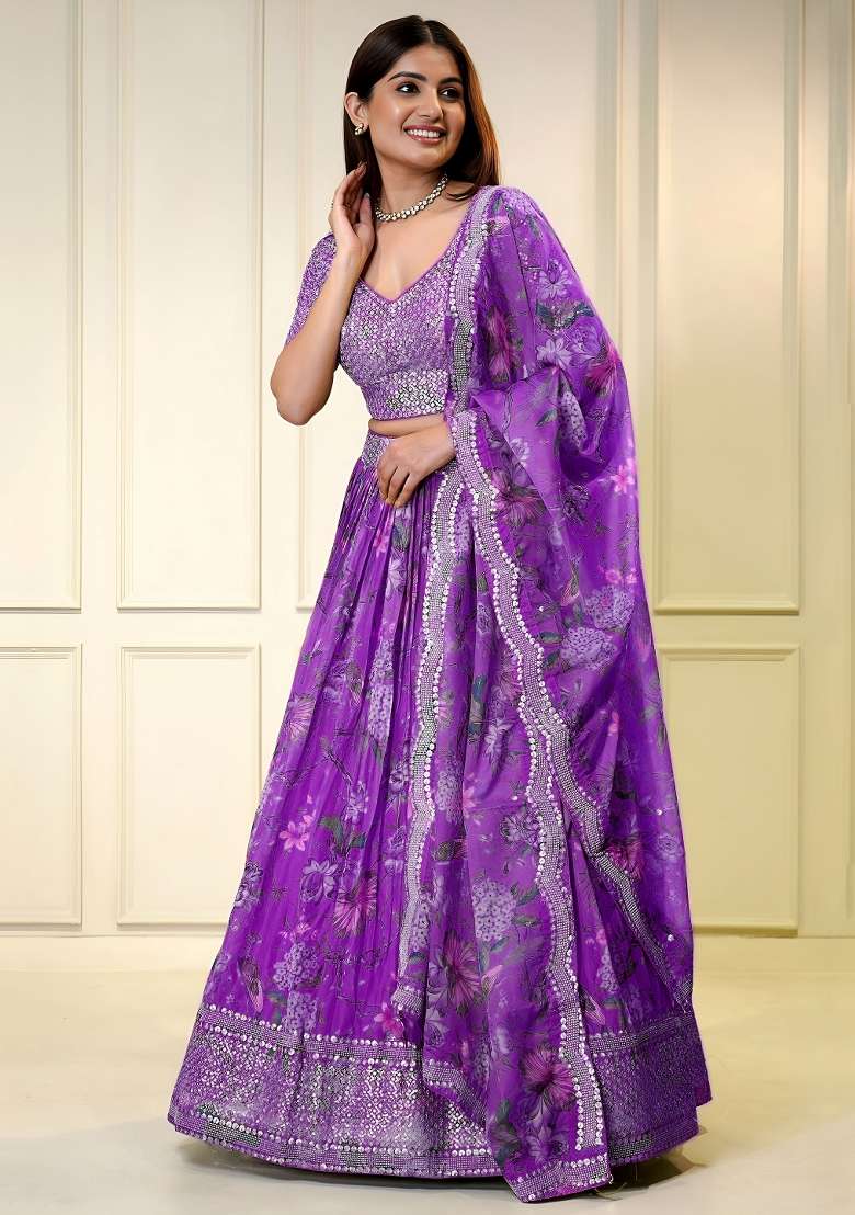 Purple Organza Lehenga Set with Embroidered for Diwali | Wedding & Festive Wear - Indya