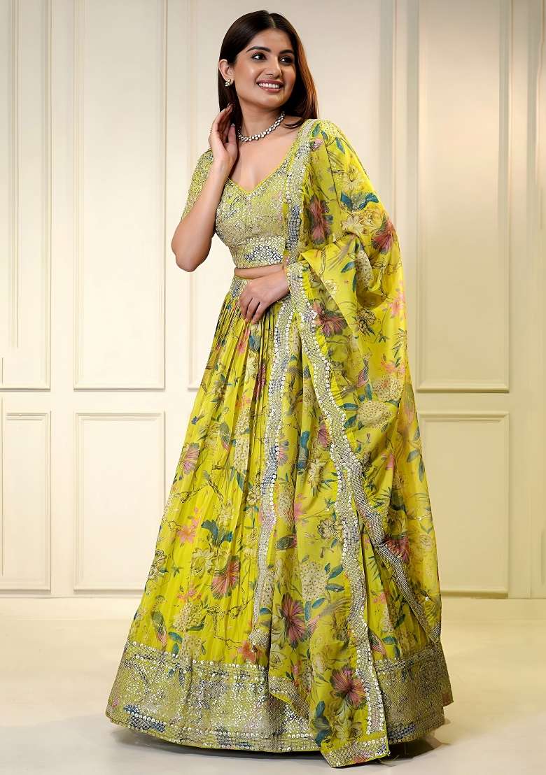 Yellow Organza Lehenga Set with Embroidered for Diwali | Wedding & Festive Wear - Indya