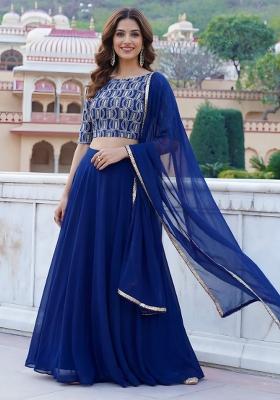 Blue Embroidered Georgette Lehenga Set